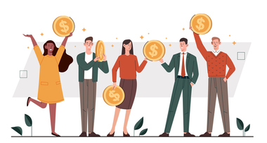 Five happy cartoon people holding oversized gold coins