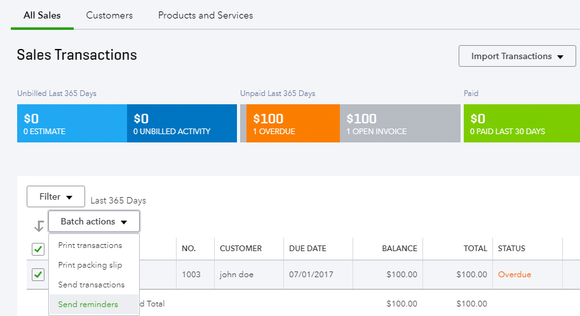 screenshot of quickbooks online for setting up an invoice reminder